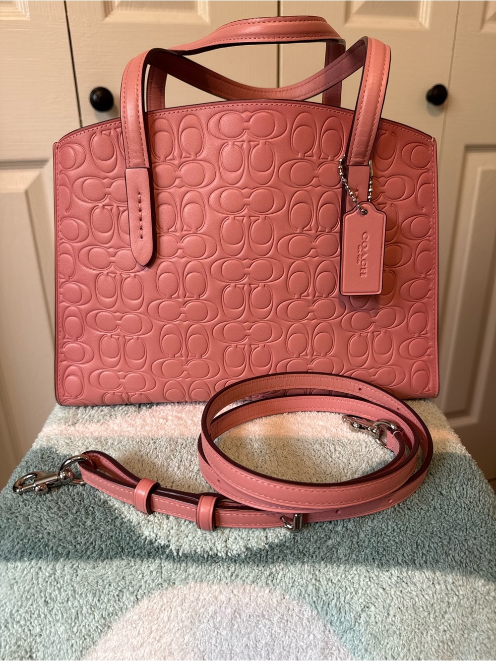 Coach Charlie Pink Embossed Leather Shoulder Bag with Removable Strap